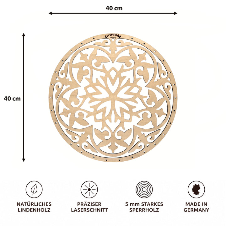 Flower of Life DL.9 – front view with 40 × 40 cm dimensions, made from 5 mm linden plywood 