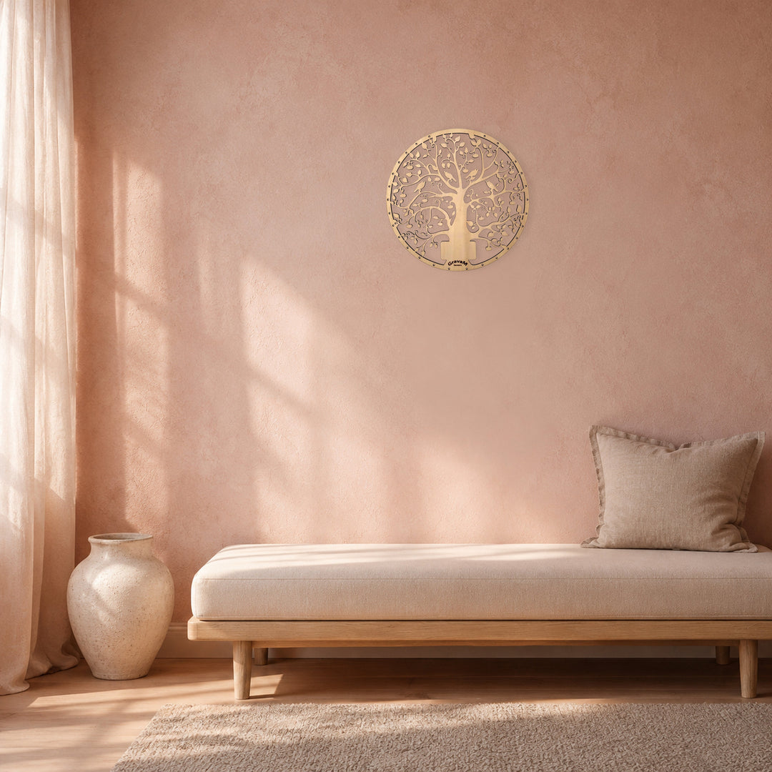 Personalized Tree of Life HLP.2 made from linden wood, displayed in a warm living interior 