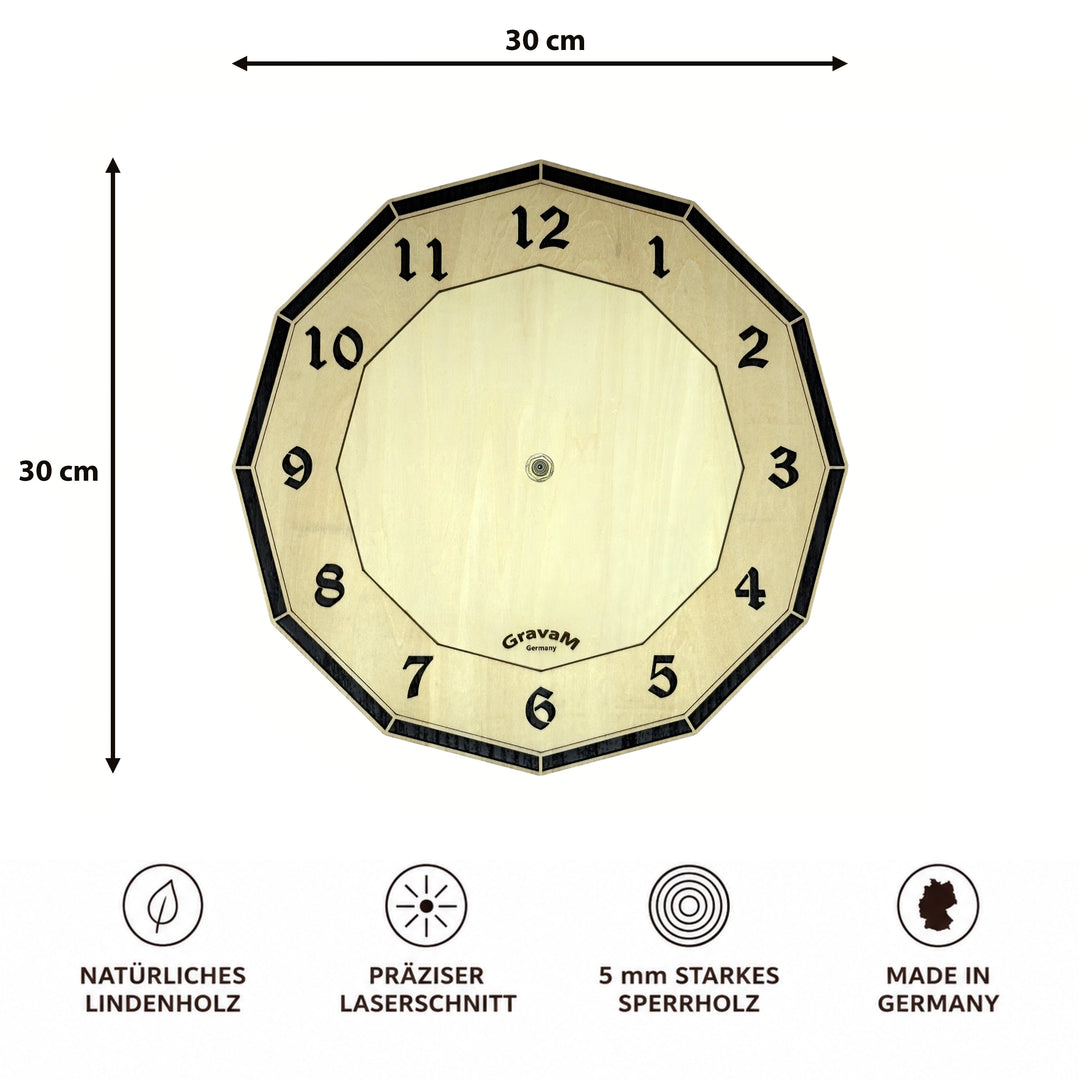 Premium Wall Clock WU.10 – front view with 30 × 30 cm dimensions, two-layer wooden clock 