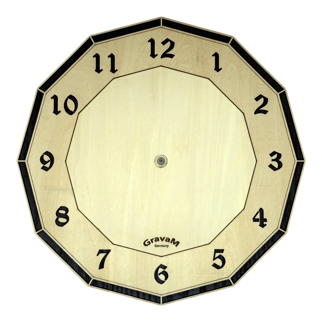 Zwölfeckiges Zifferblatt der Holz-Wanduhr WU.10 mit arabischen Ziffern