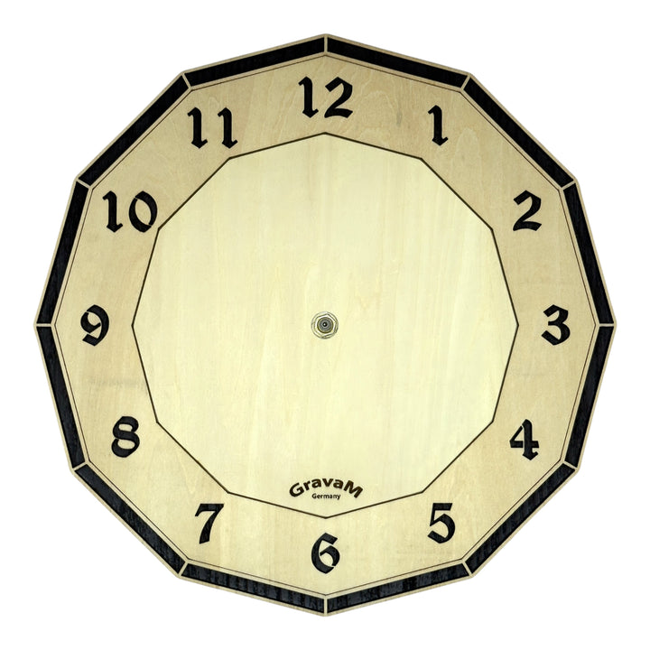 Zwölfeckiges Zifferblatt der Holz-Wanduhr WU.10 mit arabischen Ziffern
