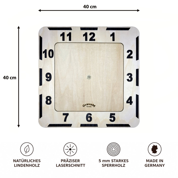 Premium Wall Clock WU.11 – front view with 40 × 40 cm dimensions, two-layer wooden clock 