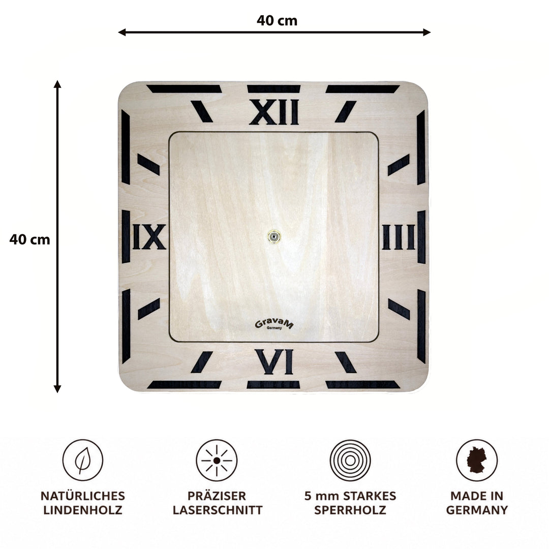 Premium Wall Clock WU.12 – front view with 40 × 40 cm dimensions, two-layer wooden clock 