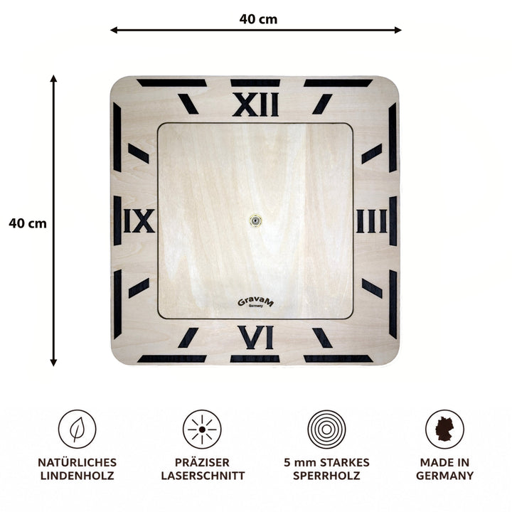 Premium Wall Clock WU.12 – front view with 40 × 40 cm dimensions, two-layer wooden clock 