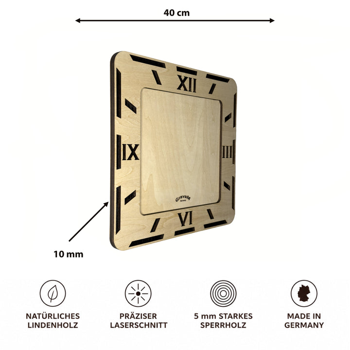 Premium Wall Clock WU.12 – side view, 40 × 40 cm, two-layer 3D construction from linden wood 