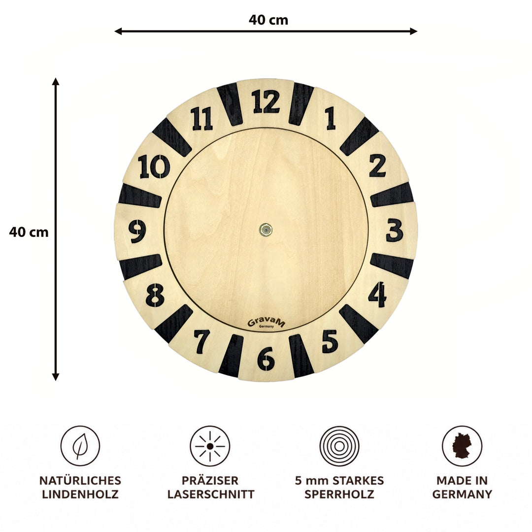 Premium Wall Clock WU.13 – front view with 40 × 40 cm dimensions, two-layer wooden clock 