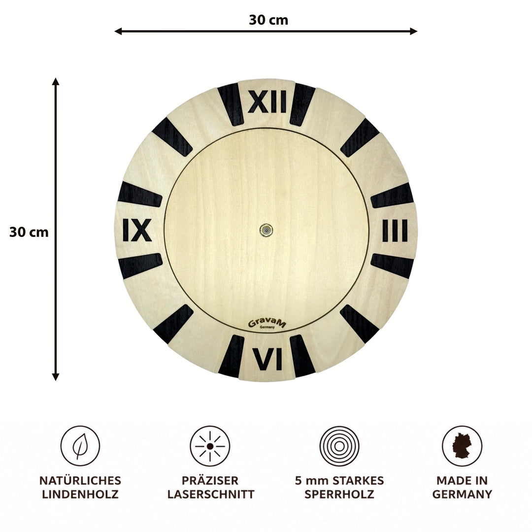 Premium Wall Clock WU.14 – front view with 30 × 30 cm dimensions, two-layer wooden clock 