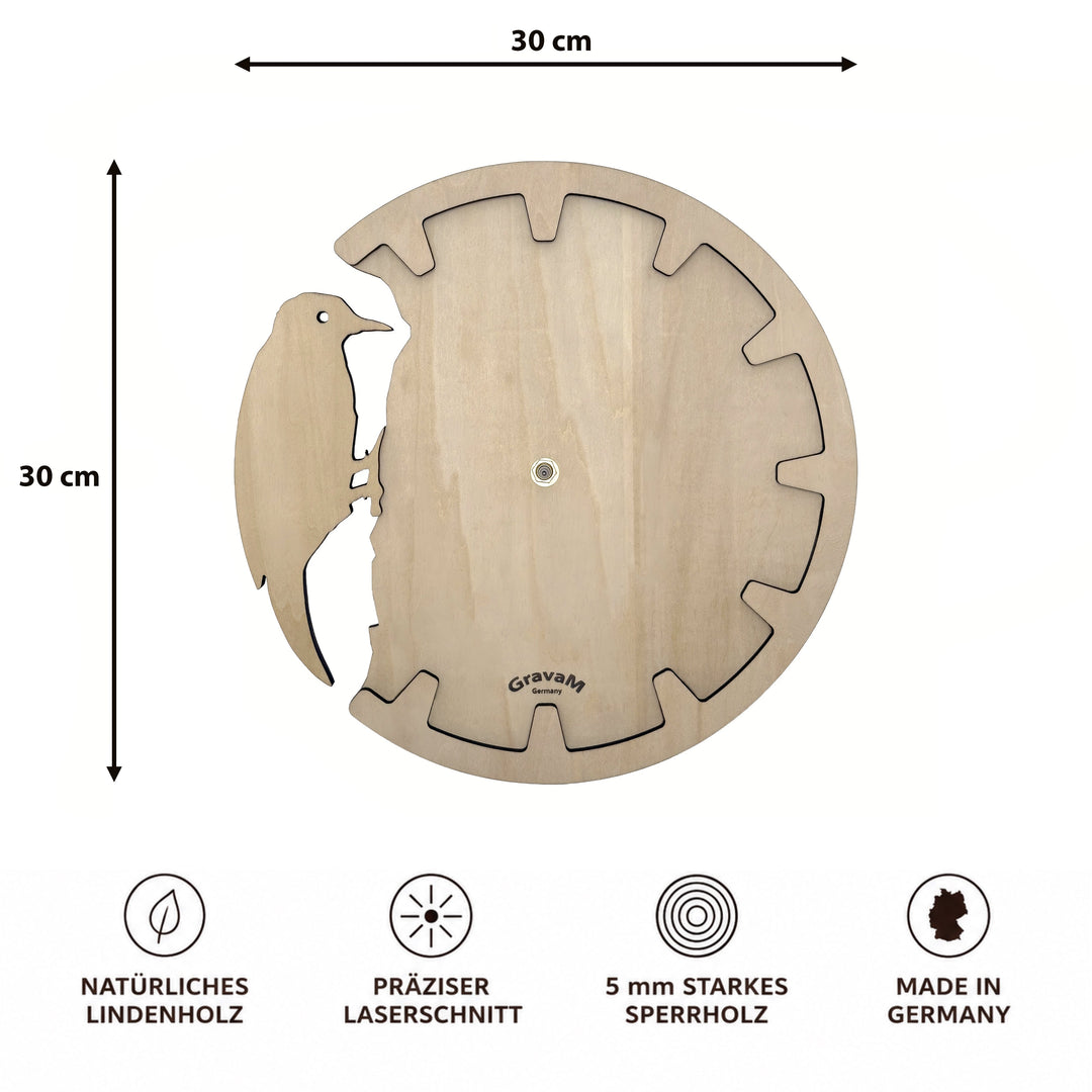 Premium Wall Clock WU.15 – front view with 30 × 30 cm dimensions, two-layer wooden clock 