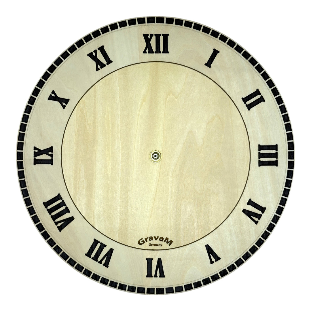Rundes Zifferblatt der Holz-Wanduhr WU.2 mit römischen Ziffern