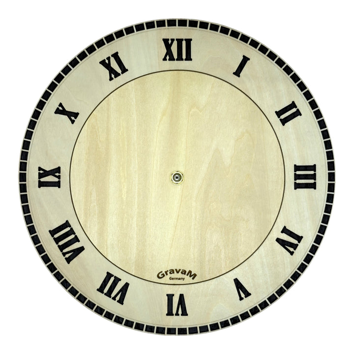 Rundes Zifferblatt der Holz-Wanduhr WU.2 mit römischen Ziffern