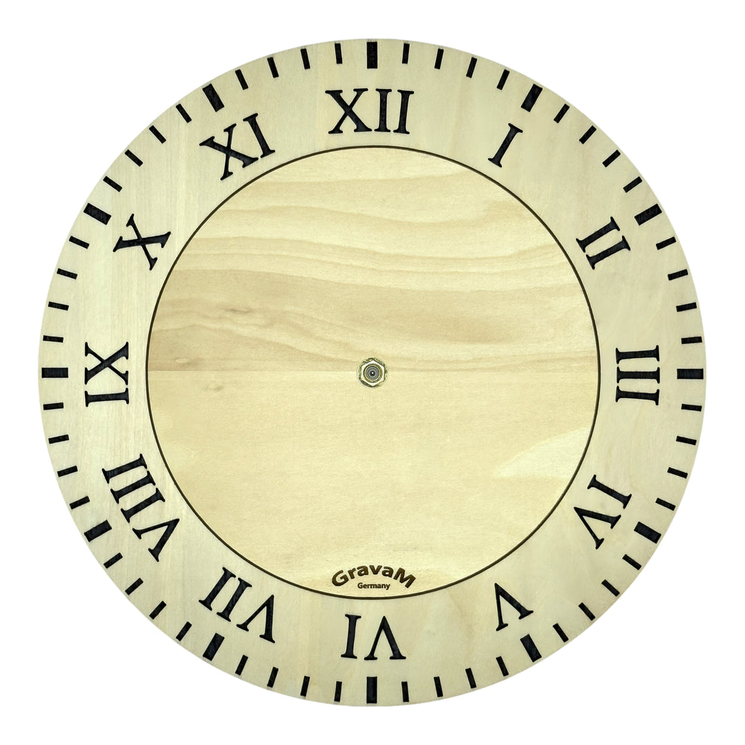 Rundes Zifferblatt der Holz-Wanduhr WU.5 mit römischen Ziffern