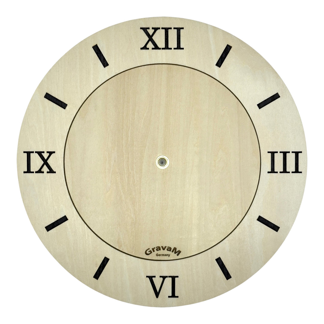Rundes Zifferblatt der Holz-Wanduhr WU.8 mit römischen Ziffern