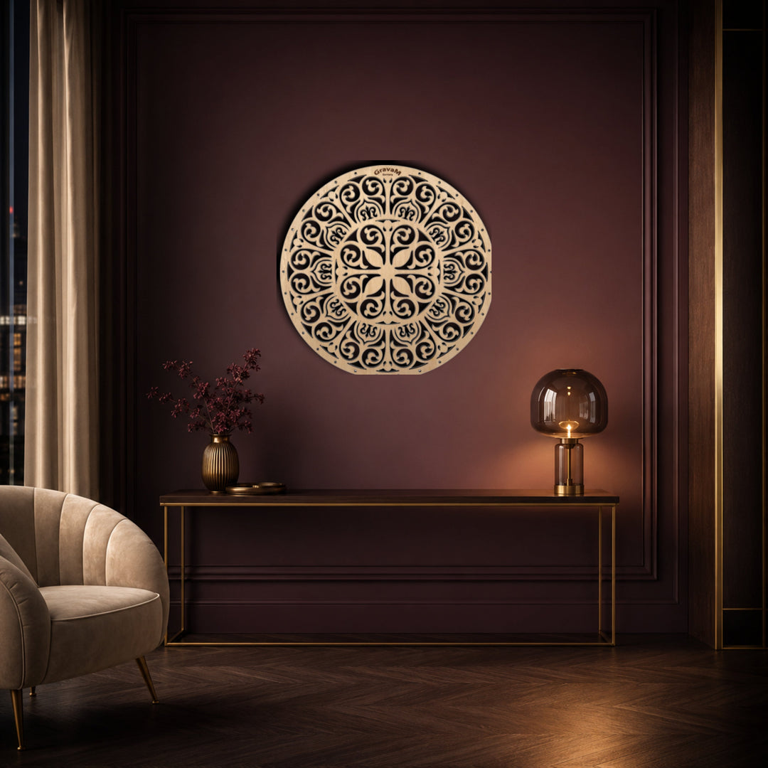 Blume des Lebens DL.10 – Blume des Lebens aus Lindenholz in einem stilvollen Wohninterieur