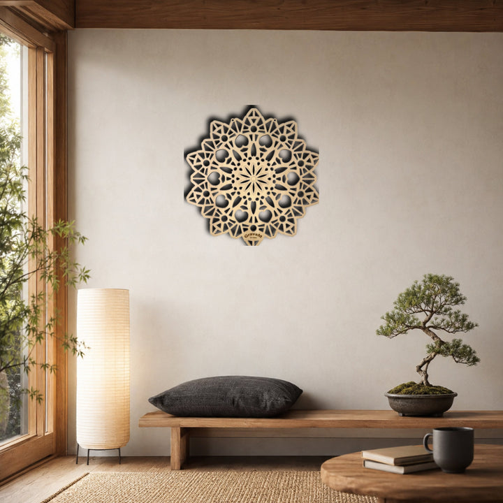 Blume des Lebens DL.7 – natürliche Holz-Wanddekoration in moderner Raumgestaltung