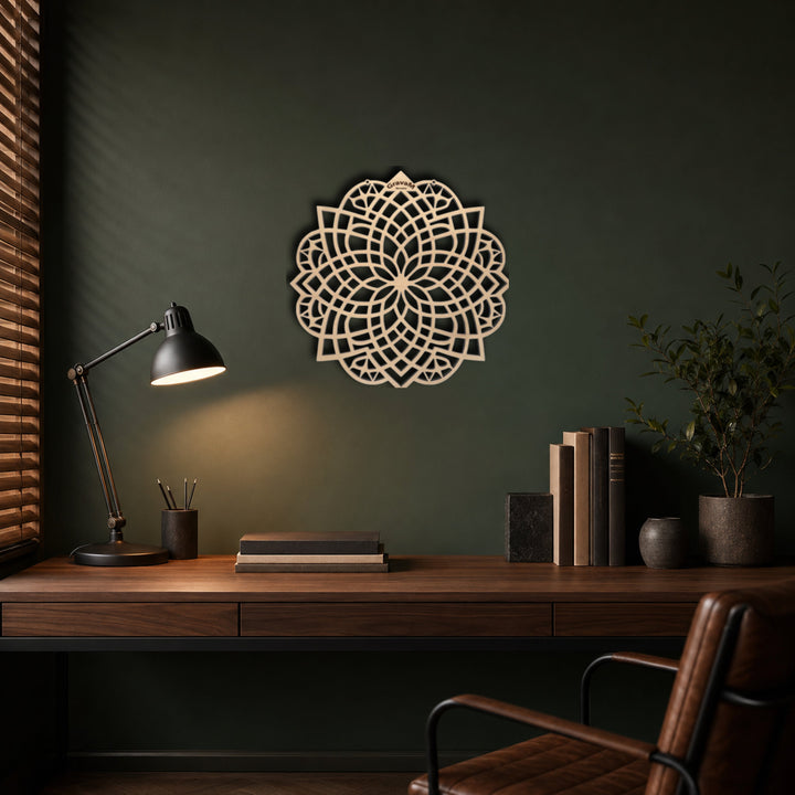 Blume des Lebens DL.8 – natürliche Holz-Wanddekoration in moderner Raumgestaltung