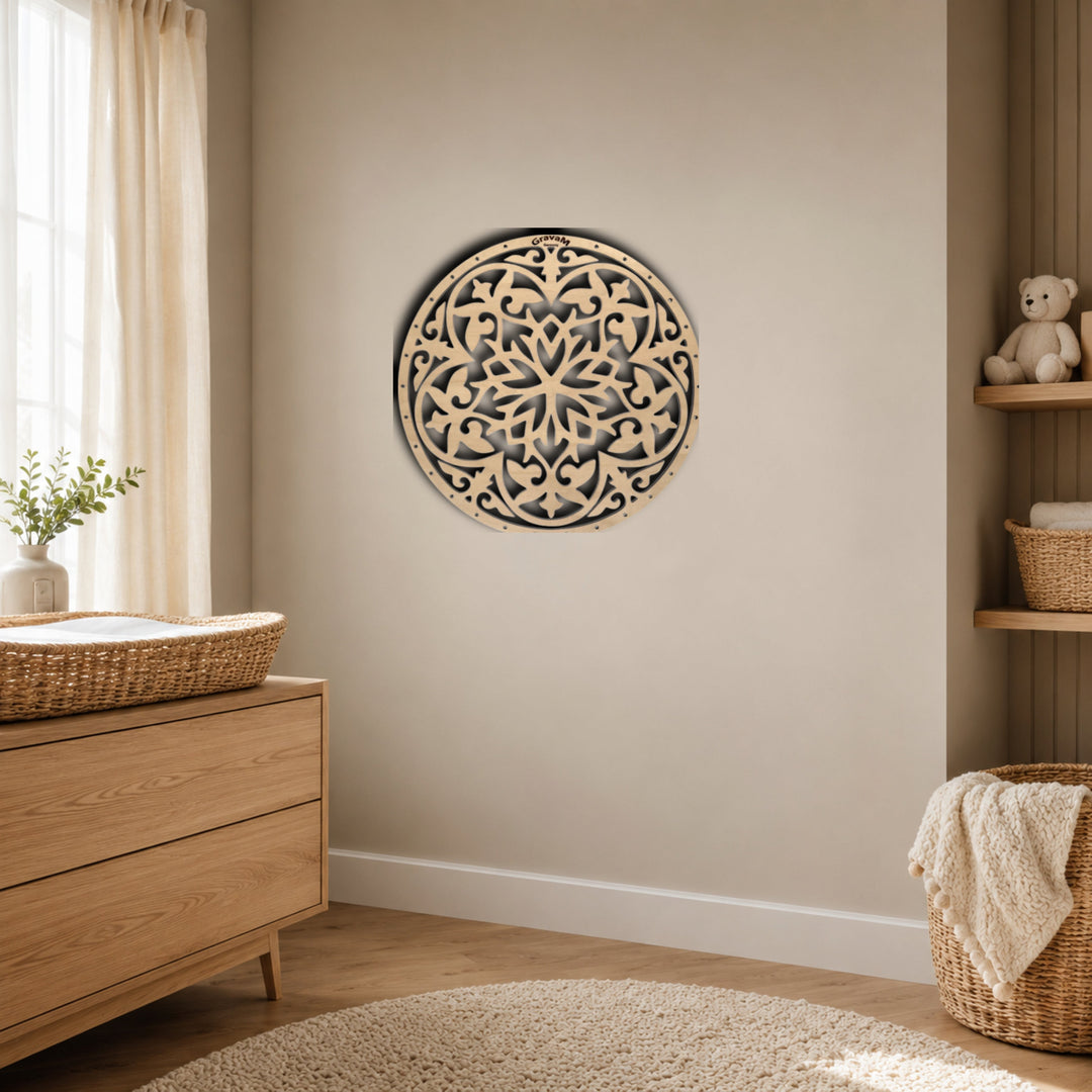 Blume des Lebens DL.9 – Blume des Lebens aus Lindenholz in einem stilvollen Wohninterieur